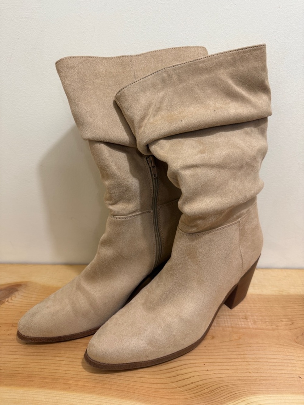 Women's Beige Suede Mid-Calf Slouch Boots